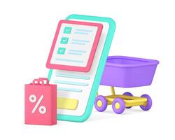 en ligne achats Planification achat avec liste de contrôle vente téléphone intelligent application 3d icône réaliste vecteur