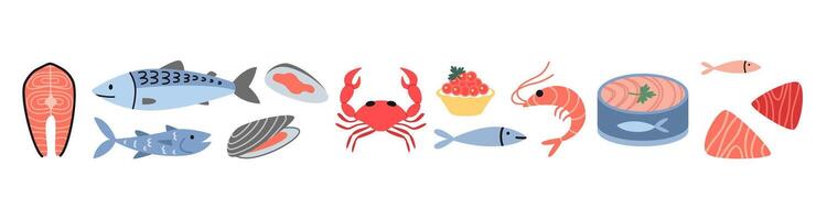 Fruit de mer ensemble, dessin animé style. Marin animal comme saumon, thon, crevette, Crabe et moule. Frais poisson, en conserve nourriture, Viande et biftecks. branché illustration isolé sur blanc, main dessiné, plat conception vecteur