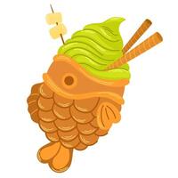 taiyaki la glace crème Japonais boulangerie. en forme de poisson gâteau avec matcha la glace crème. Japonais rue aliments. dessin animé . vecteur