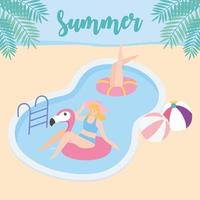 l'heure d'été les femmes dans la piscine avec des balles et le tourisme de vacances de flotteur de flamants roses vecteur