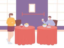 distanciation sociale du restaurant, jeunes assis à des tables séparées les uns des autres et mangeant, pandémie de covid 19, prévention de l'infection à coronavirus vecteur