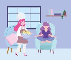 rester à la maison, femme chef avec nouilles et fille assise sur une chaise dessin animé, cuisiner des activités de quarantaine