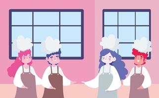 rester à la maison, dessin animé de personnages de chefs féminins et masculins, cuisiner des activités de quarantaine vecteur