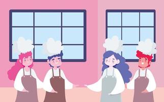 rester à la maison, dessin animé de personnages de chefs féminins et masculins, cuisiner des activités de quarantaine