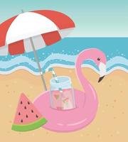 voyage d'été et vacances flotteur flamant rose jus de parapluie pastèque plage vecteur