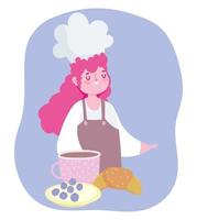 rester à la maison, dessin animé de dessert de croissant de tasse de café de chef féminin, activités de quarantaine de cuisine vecteur