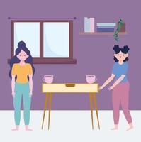 restez à la maison, filles avec des tasses à café dans le dessin animé de la chambre, cuisinez des activités de quarantaine vecteur