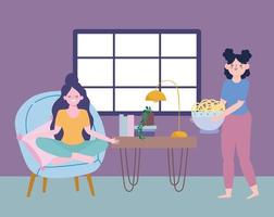 rester à la maison, femme avec des nouilles dans un bol et fille assise sur une chaise dessin animé, cuisiner des activités de quarantaine