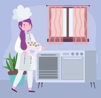 rester à la maison, femme chef avec dessert dans un dessin animé de bol, cuisiner des activités de quarantaine vecteur