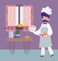 rester à la maison, chef masculin avec dessert et fruits dans le dessin animé de la chambre, cuisiner des activités de quarantaine vecteur