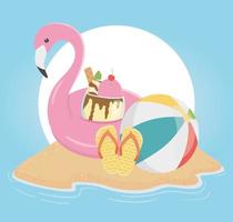 Voyage d'été et vacances flotteur flamant rose tongs ballon de plage crème glacée sable vecteur