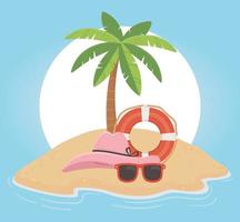 Voyage d'été et vacances bouée de sauvetage chapeau lunettes de soleil plage de sable de palmier vecteur