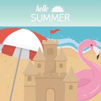 voyage d'été et vacances château de sable parapluie plage flotteur flamant rose vecteur