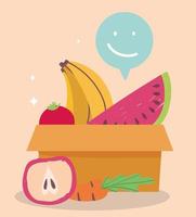 marché en ligne, boîte en carton pastèque banane et pomme, livraison de nourriture en épicerie vecteur