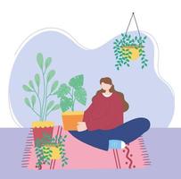 rester à la maison, fille avec des plantes d'intérieur assise sur le sol, auto-isolement, activités en quarantaine pour coronavirus vecteur