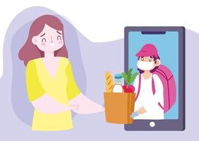 livraison sûre à domicile pendant le coronavirus covid 19, jeune femme avec un smartphone commande le marché alimentaire en ligne vecteur