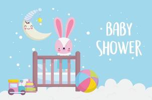 baby shower, lapin mignon dans un berceau avec dessin animé de lune de train à billes, annonce une carte de bienvenue pour nouveau-né vecteur