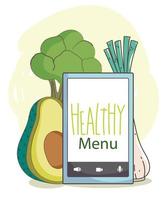 Menu smartphone marché frais légumes aliments sains biologiques vecteur