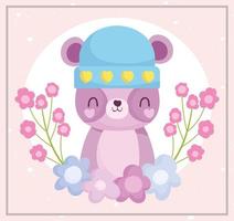 douche de bébé, ours en peluche mignon avec dessin animé de décoration de chapeau et de fleurs, annoncer la carte de bienvenue du nouveau-né vecteur