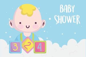 douche de bébé, petit garçon avec dessin animé de jouets cubes, annoncer la carte de bienvenue du nouveau-né vecteur