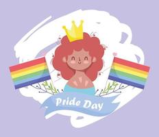 caricature de fille avec la couronne et la conception de vecteur de drapeaux lgtbi