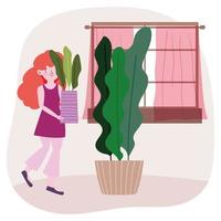 girl, tenue, plante en pot, jardinage, dans, les, maison, dessin animé vecteur