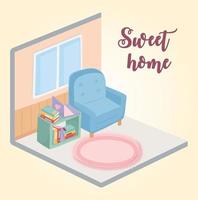Sweet home fauteuil tapis fenêtre livres dans la salle des meubles vecteur
