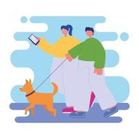 activités de personnes, jeune couple avec smartphone et promenade de chien vecteur