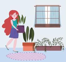 girl, tenue, plante en pot, jardinage, dans, les, maison, dessin animé vecteur