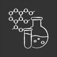 icône blanche de craie de chimie sur fond noir. recherche scientifique et médicale. biochimie et pharmacologie. molécules de protéines, connexion de cellules. illustration de tableau de vecteur isolé