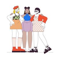 diverse plus taille femmes dans élégant vêtements 2d linéaire dessin animé personnages. courbée femelle copains étreindre isolé ligne gens blanc Contexte. corps positif mode Couleur plat place illustration vecteur