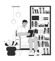 obèse arabe homme en train de lire livre noir et blanc dessin animé plat illustration. plus taille milieu est Masculin dans bibliothèque 2d lineart personnage isolé. corps positif monochrome scène contour image vecteur