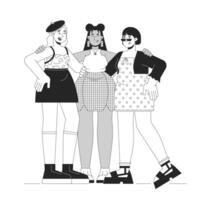 diverse plus taille femmes dans élégant vêtements noir et blanc 2d ligne dessin animé personnages. courbée femelle copains isolé contour personnes. corps positif mode monochromatique plat place illustration vecteur