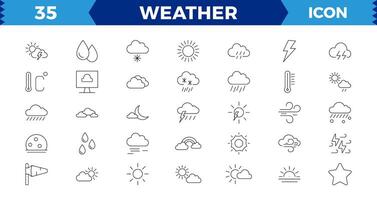 temps Icônes. temps prévoir icône ensemble. des nuages logo. temps , des nuages, ensoleillé jour, lune, flocons de neige, soleil, pluie, tonnerre tempête, rosée, vent, Soleil journée. vecteur