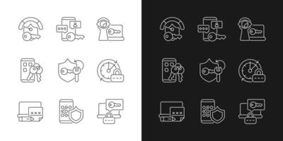 exigences de mot de passe icônes linéaires définies pour les modes sombre et clair. sécurité Internet. gestion des mots de passe. symboles de ligne mince personnalisables. illustrations de contour de vecteur isolé. trait modifiable