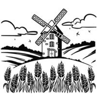 Moulin à vent près blé champ dans campagne gravure doubler. illustration vecteur