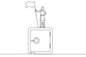 Célibataire continu ligne dessin arabe femme d'affaires permanent sur géant sûr dépôt boîte en portant drapeau. le importance de en gardant les documents affaires dans une sûr lieu. un ligne conception illustration vecteur