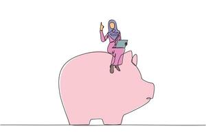 Célibataire un ligne dessin de Jeune arabe femme d'affaires séance sur gros porcin banque tandis que en portant portable. rappelant le importance de investissement. la finance des économies et retraite planification. continu ligne vecteur