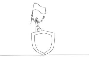 continu un ligne dessin de Jeune homme d'affaire permanent sur géant bouclier élevage drapeau. réseau Sécurité homme d'affaire célébrer Nouveau la coopération avec gouvernement. Célibataire ligne conception illustration vecteur