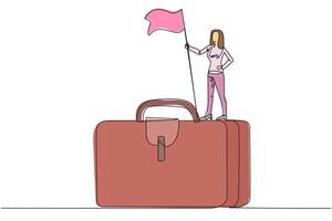 continu un ligne dessin de femme d'affaires permanent sur géant mallette en portant drapeau. Aller sur une affaires voyage à trouver plus récent des idées dans Commencez entreprise. Célibataire ligne dessiner conception illustration vecteur