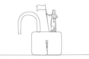 Célibataire continu ligne dessin de arabe femme d'affaires permanent sur géant ouvert cadenas en portant drapeau. réussi femme d'affaires trouver échappatoires dans une la toile à pirater il. vulnérable sécurité. un ligne vecteur