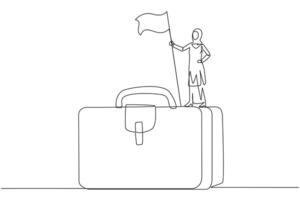 continu un ligne dessin de arabe femme d'affaires permanent sur géant mallette en portant drapeau. Aller sur une affaires voyage à trouver plus récent des idées dans Commencez entreprise. Célibataire ligne dessiner conception vecteur