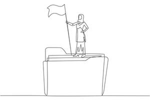 Célibataire continu ligne dessin de arabe femme d'affaires permanent sur géant dossier icône élevage drapeau. arrangé affaires plan, garder enregistrements, entraine toi. être une champion. un ligne conception illustration vecteur