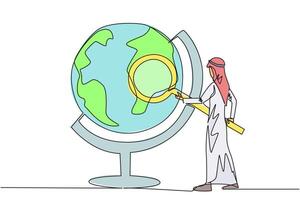 Célibataire continu ligne dessin de arabe homme d'affaire se tenait en portant loupe et inspecté le globe. carte en dehors bien territoire à créer et développer Nouveau entreprises. un ligne conception illustration vecteur