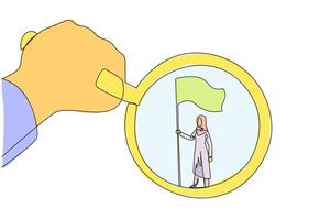 Célibataire un ligne dessin gros main en portant le loupe par mise en évidence arabe femme d'affaires qui est permanent en portant le drapeau. une symbole de le gloire de une femme d'affaires. continu ligne conception graphique vecteur