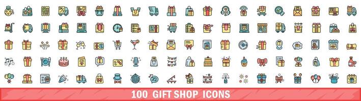 100 cadeau magasin Icônes ensemble, Couleur ligne style vecteur