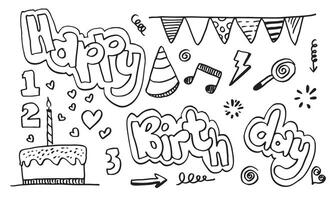 ensemble d'objets et de symboles de dessin animé de doodle dessinés à la main sur la fête d'anniversaire. vecteur