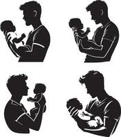 père en portant une bébé dans le sien bras ensemble. content père journée symbole. illustration de papa et enfant. père avec le sien fils sur blanc Contexte. vecteur