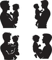 silhouette de une père en portant le sien enfant ensemble. content père journée symbole. illustration de papa et enfant. père avec le sien fils sur blanc Contexte. vecteur