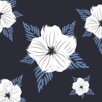 une blanc fleurs dessiner imprimer style sur une foncé bleu Contexte. une traditionnel floral sans couture modèle textile de fleurs et feuilles vecteur